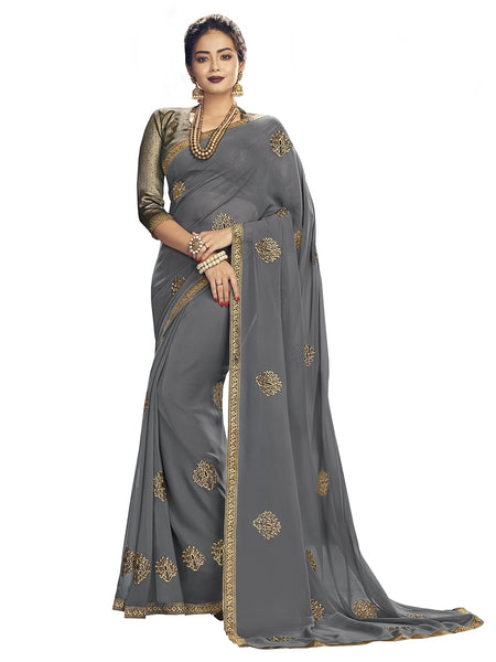 Grey Georgette Zari Embroidered Saree Sari