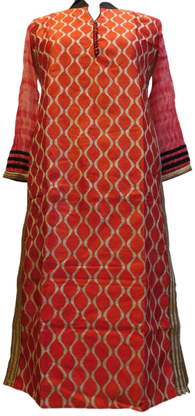 Red Designer Cotton (Chanderi) Hand Embroidery Zari Thread Work PartyWear Bollywood Style Kurti Kurta