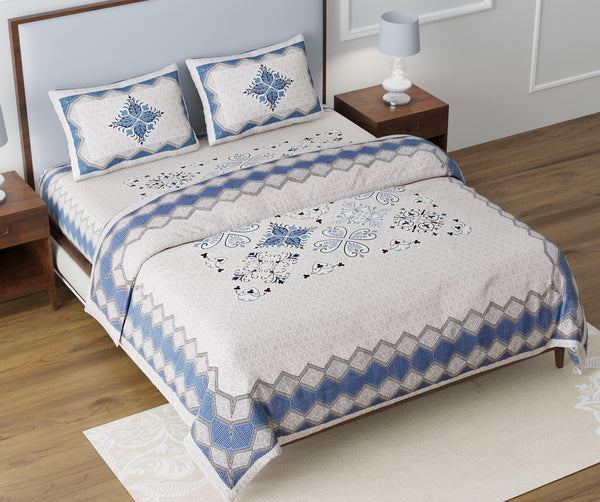 Off White Pure Cotton Double Bed Printed Bedsheet