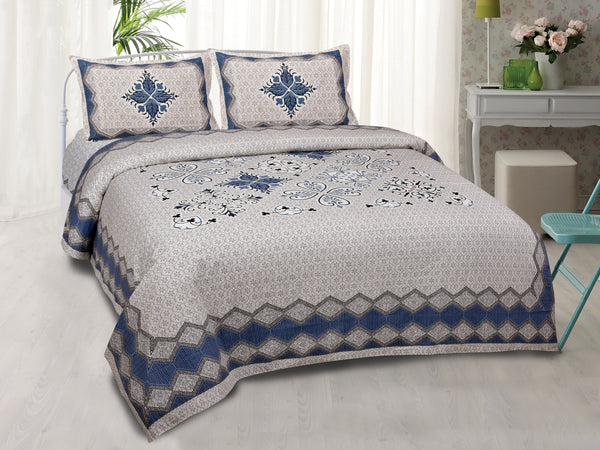 Light Grey Pure Cotton Double Bed Printed Bedsheet