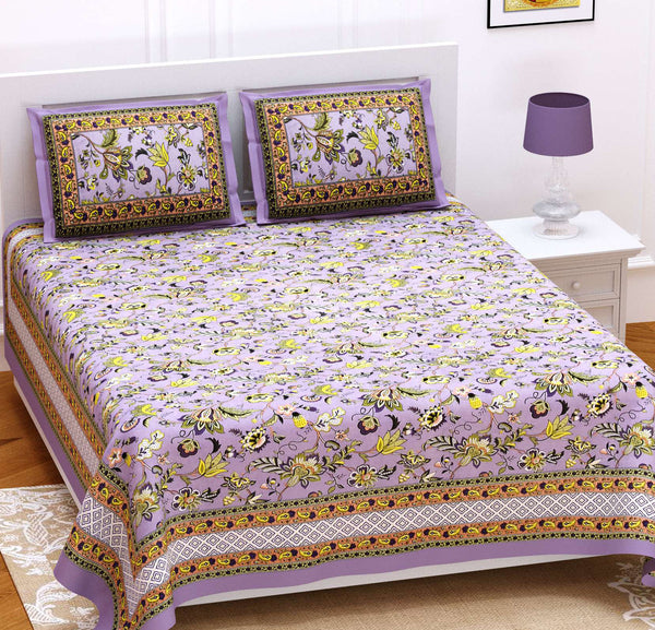 Light Violet Pure Cotton Double Bed Ethnic Jaipuri Printed Bedsheet