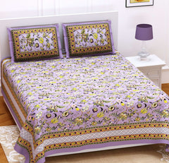 Light Violet Pure Cotton Double Bed Ethnic Jaipuri Printed Bedsheet