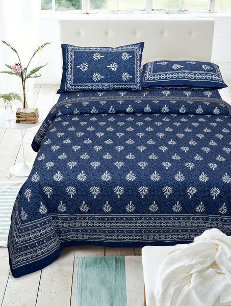 Blue Pure Cotton Double Bed Printed Bedsheet