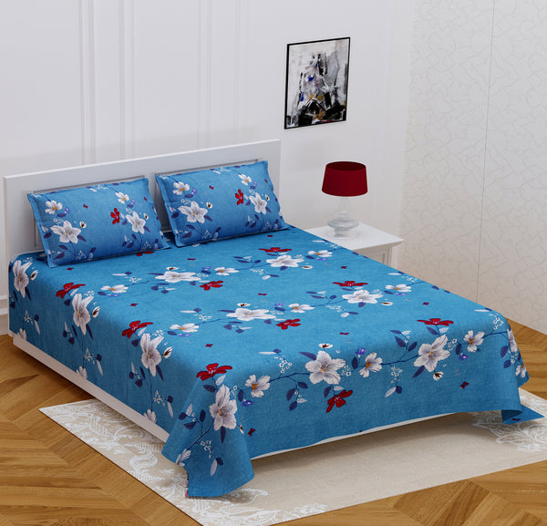 Azure Blue Glace Cotton Double Bed Printed Bedsheet