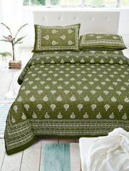 Light Green Pure Cotton Double Bed Printed Bedsheet