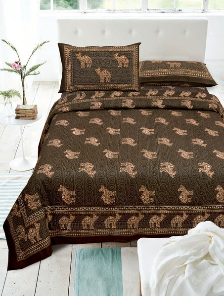 Deep Brown Pure Cotton Double Bed Printed Bedsheet
