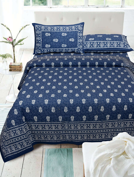 Blue Pure Cotton Double Bed Printed Bedsheet