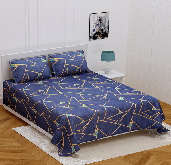 Blue Glace Cotton Double Bed Printed Bedsheet