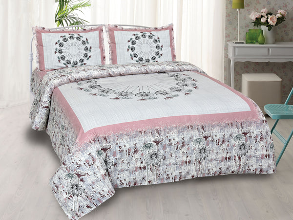 White & Pink Pure Cotton Double Bed Printed Bedsheet