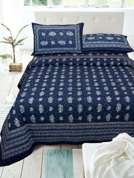 Navy Blue Pure Cotton Double Bed Printed Bedsheet