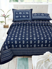 Navy Blue Pure Cotton Double Bed Printed Bedsheet
