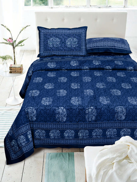 Deep Blue Pure Cotton Double Bed Printed Bedsheet