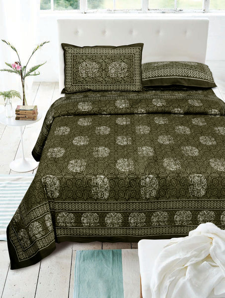 Olive Green Pure Cotton Double Bed Printed Bedsheet