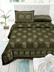 Olive Green Pure Cotton Double Bed Printed Bedsheet