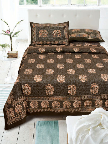 Coffee Brown Pure Cotton Double Bed Printed Bedsheet