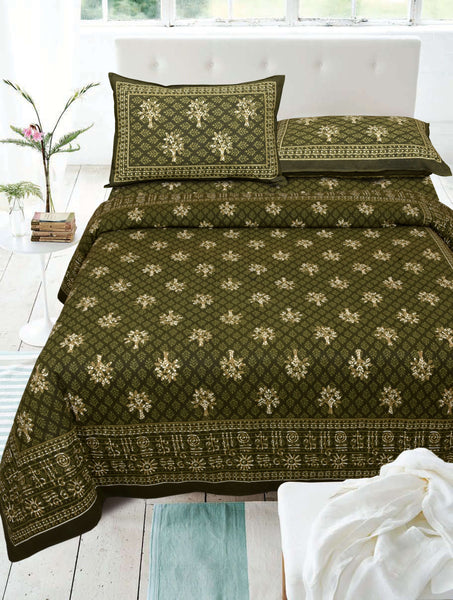 Moss Green Pure Cotton Double Bed Printed Bedsheet