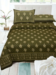 Moss Green Pure Cotton Double Bed Printed Bedsheet
