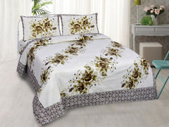 White & Moss Green Pure Cotton Double Bed Printed Bedsheet