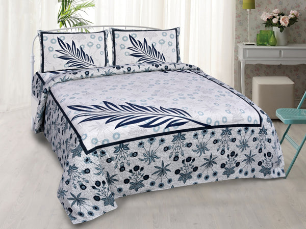White & Blue Pure Cotton Double Bed Printed Bedsheet