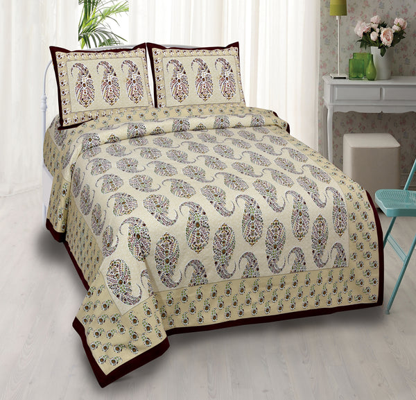 Light Yellow Pure Cotton Double Bed Ethnic Jaipuri Printed Bedsheet