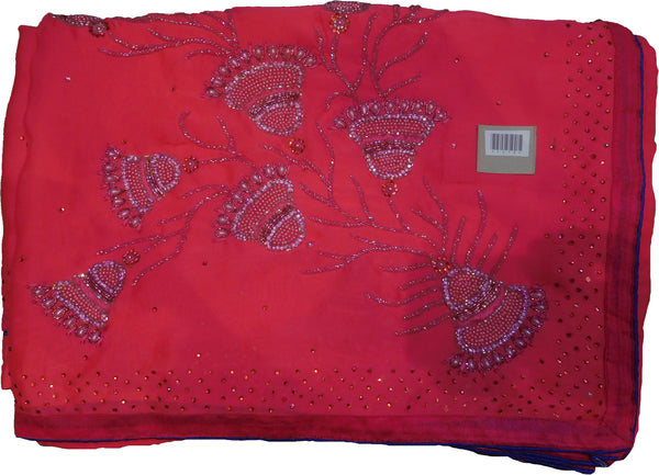 SMSAREE Pink Designer Wedding Partywear Crepe (Rangoli) Stone Beads Cutdana Thread & Bullion Hand Embroidery Work Bridal Saree Sari With Blouse Piece F215