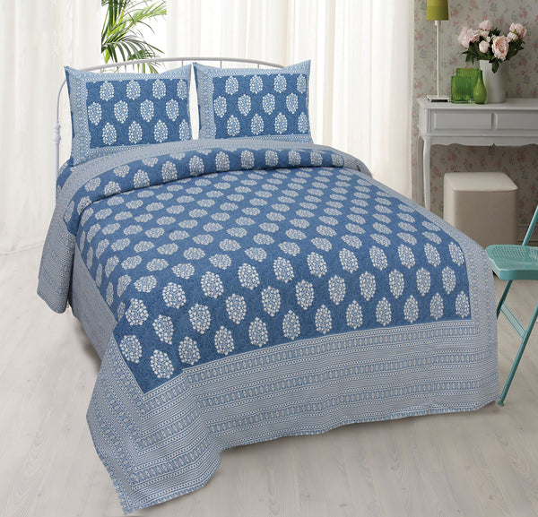 Steel Blue Pure Cotton Double Bed Ethnic Jaipuri Printed Bedsheet