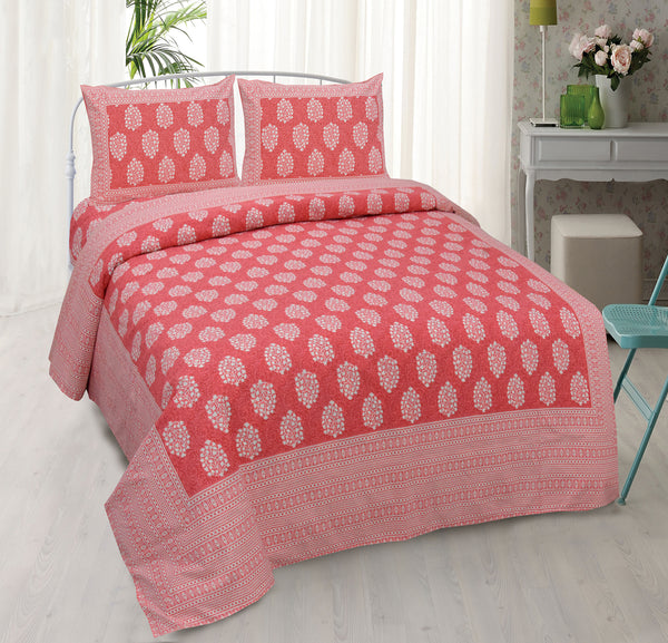 Peach Pink Pure Cotton Double Bed Ethnic Jaipuri Printed Bedsheet