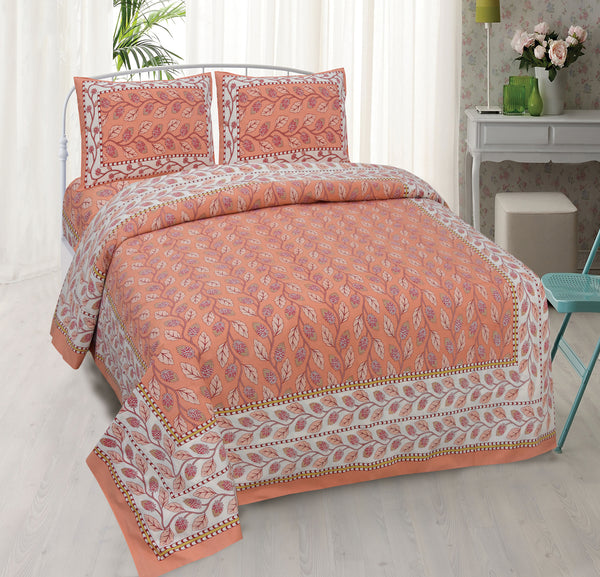 Light Peach Pure Cotton Double Bed Ethnic Jaipuri Printed Bedsheet