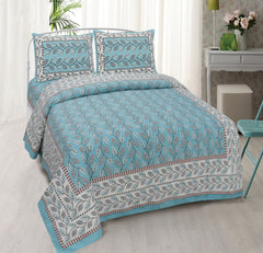 Sky Blue Pure Cotton Double Bed Ethnic Jaipuri Printed Bedsheet