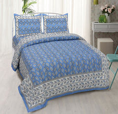 Cornflower Blue Pure Cotton Double Bed Ethnic Jaipuri Printed Bedsheet