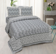 Grey Pure Cotton Double Bed Ethnic Jaipuri Printed Bedsheet