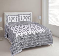 White & Grey Pure Cotton Double Bed Ethnic Jaipuri Printed Bedsheet