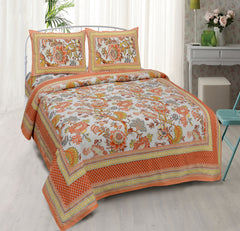 White & Orange Pure Cotton Double Bed Ethnic Jaipuri Printed Bedsheet
