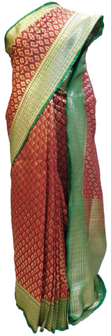 Red & Green Traditional Designer Bridal Hand Weaven Pure Benarasi Zari Work Saree Sari With Blouse