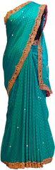 Turquoise Designer Crepe Saree With Cutwork Border