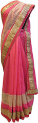 Pink & Cream Designer Georgette (Viscos) Hand Embroidery Zari Pearl Mirror Stone Work Saree Sari