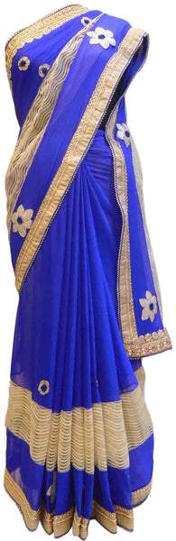 Blue & Cream Designer Georgette (Viscos) Hand Embroidery Zari Pearl Stone Work Saree Sari