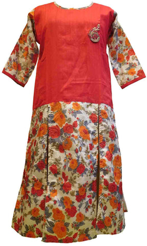 SMSAREE Red & White Designer Casual Partywear Floral Printed Raw Silk Bullion Thread & Stone Hand Embroidery Work Stylish Women Kurti Kurta With Free Matching Leggings D025