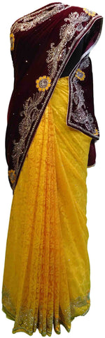Merron & Yellow Designer Velvet & Brasso Hand Embroidery Saree Sari With Velvet Blouse