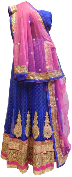 Pink & Blue Designer Bridal Hand Embroidery Work Lahenga With Net Dupatta & Silk Blouse