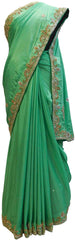 Green Designer Crepe (Chinon) Hand Embroidery Cutdana Stone Work Saree Sari