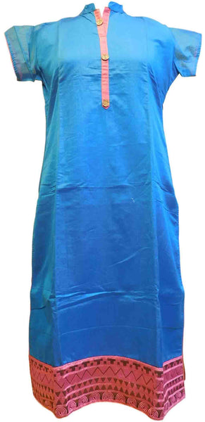 SMSAREE Blue Designer Casual Partywear Cotton (Chanderi) Thread Hand Embroidery Work Stylish Women Kurti Kurta With Free Matching Leggings D030