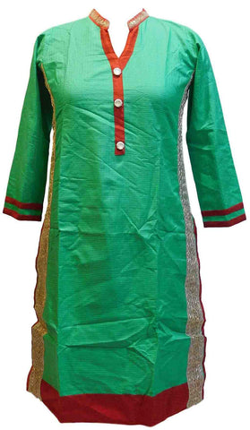 SMSAREE Green Designer Casual Partywear Cotton (Chanderi) Gota & Zari Hand Embroidery Work Stylish Women Kurti Kurta With Free Matching Leggings KB089