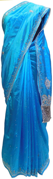 Blue Designer Silk Hand Embroidery Stone Thread Cutdana Work Saree Sari