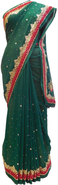Green Designer Georgette Hand Embroidery Cutdana Thread Stone Work Saree Sari