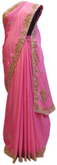 Pink Designer Crepe (Chinon) Hand Embroidery Cutdana Stone Work Saree Sari