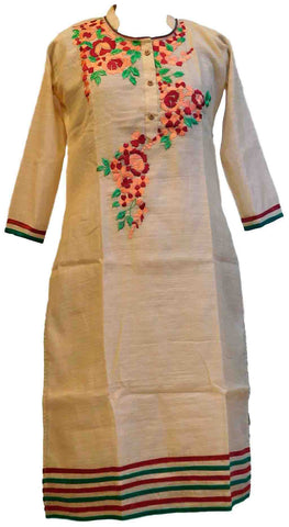 SMSAREE Beige Designer Casual Partywear Cotton (Chanderi) Thread Stone & Zari Hand Embroidery Work Stylish Women Kurti Kurta With Free Matching Leggings GKA706