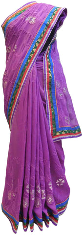 Violet Designer Georgette (Viscos) Hand Embroidery Zari Sequence Thread Work Saree Sari