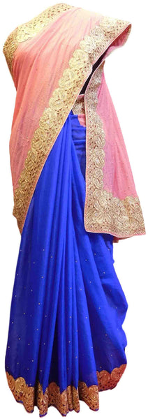 Peach & Blue Designer Georgette Thread Embroidery Sari Saree