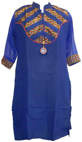 Blue Designer Cotton (Chanderi) Kurti